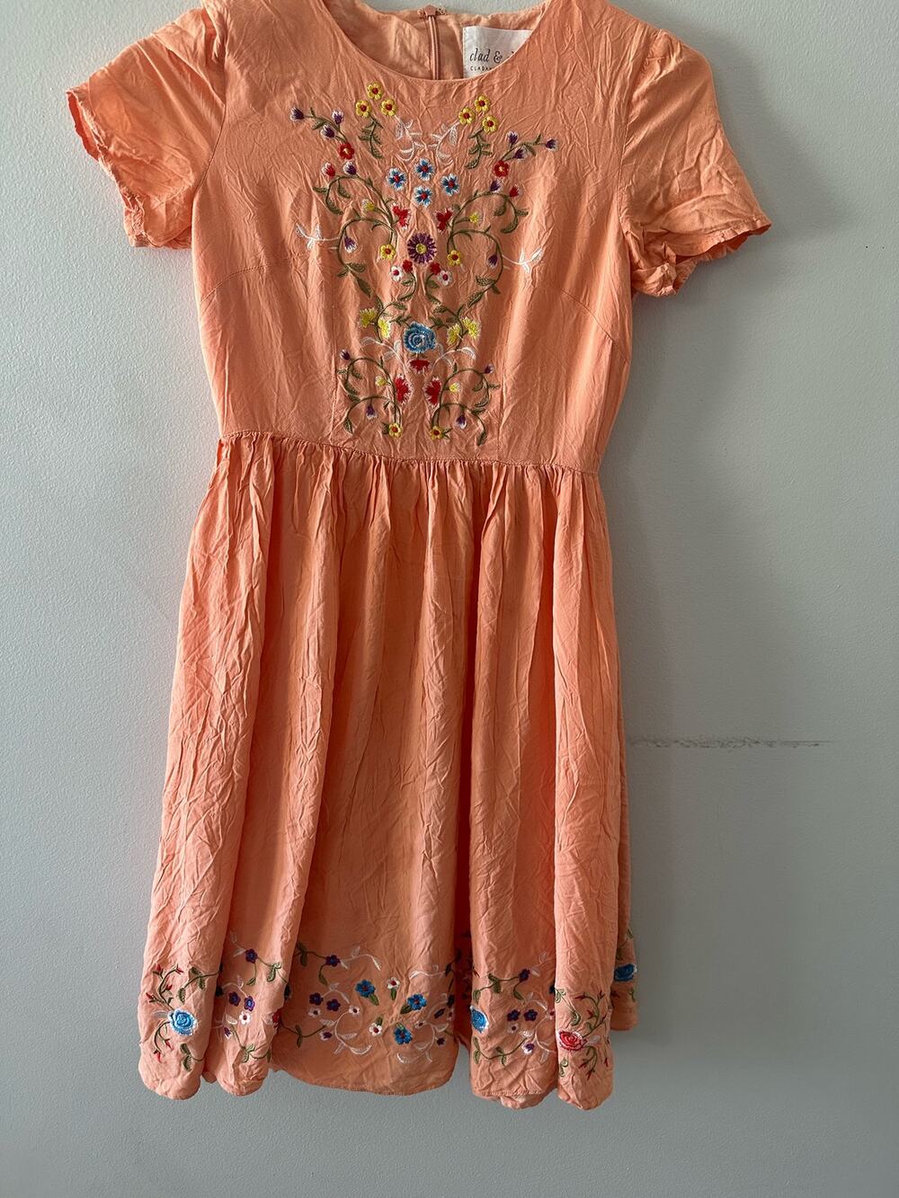 Clad And Cloth Dress Women’s XS Fit and Flare Embroidered Floral Peach Spring